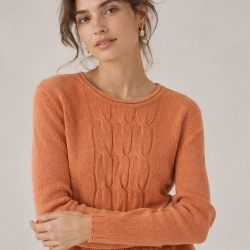 Cable Knit Crew Neck Sweater 1X Orange Casual Fall Cozy Cottagecore Warm Earthy